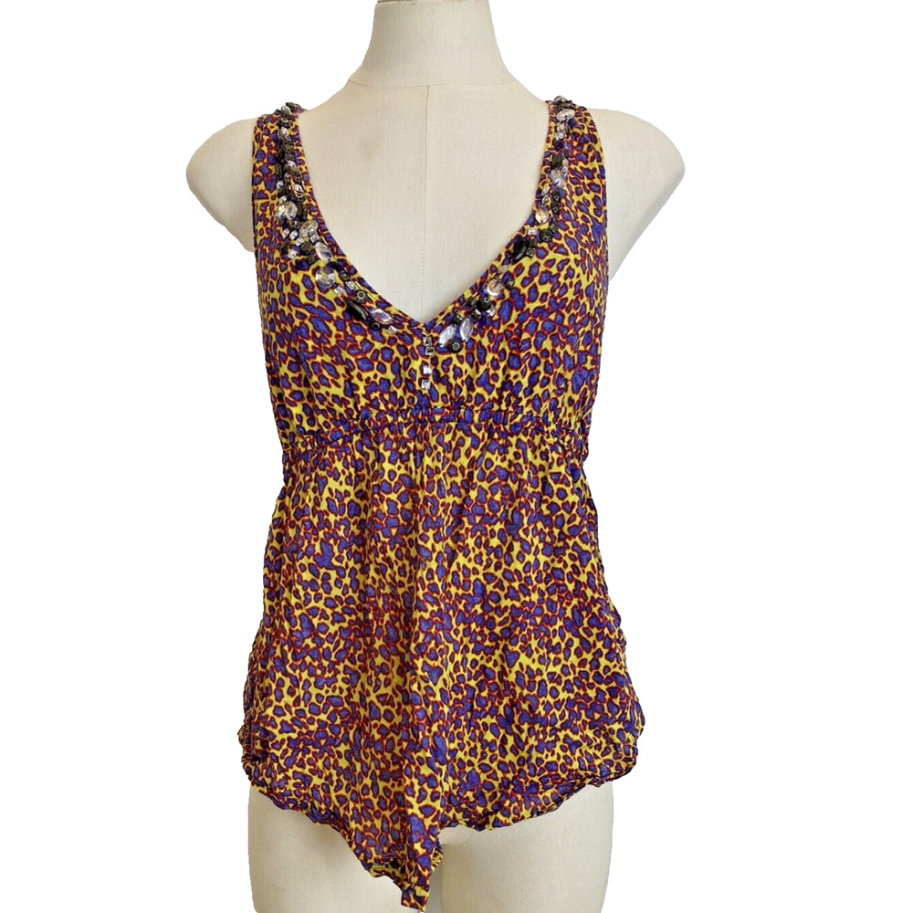 Replay Clothing Cheetah Purple Jewel Trim Cotton Tank Women's L